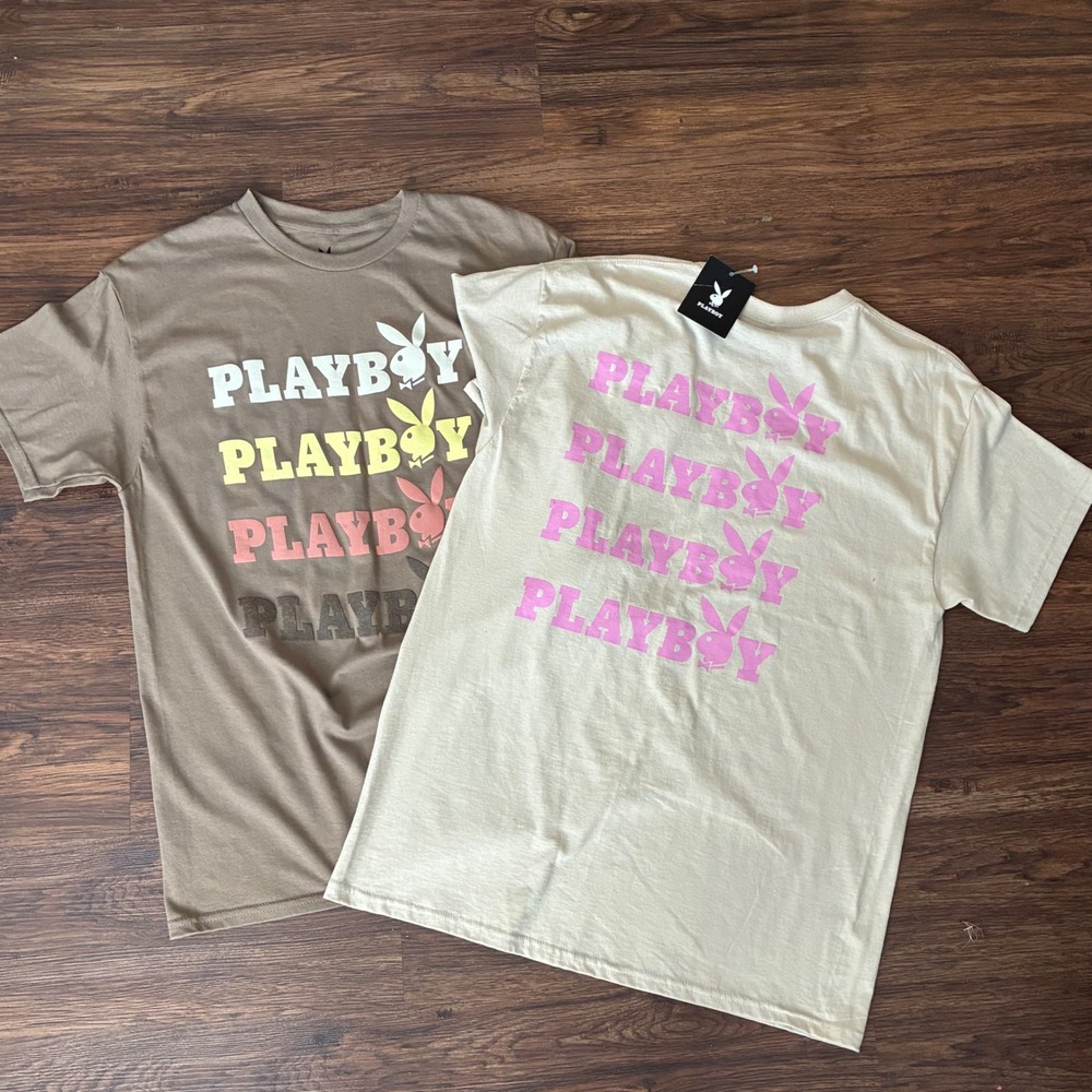 Playboy Graphic T-Shirt Bundle Size Large Tan Beige Bunny Logo Streetwear